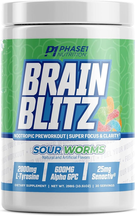 Phase 1 Nutrition Brain Blitz, Sour Worms - Nootropic Preworkout with Beta Alanine, L-Citrulline & 350 mg Caffeine