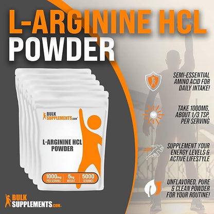 BulkSupplements.com L-Arginine HCl Powder - L-Arginine 1000mg, Arginine Supplement - Nitric Oxide Supplement, Nitric Oxide Powder - Pure & Gluten Free, 1000mg per Serving, 5kg (11 lbs)