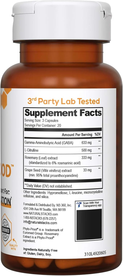 NATURAL STACKS GABA Supplement - L-Citrulline & Grape Seed Extract - Deep Relaxation and Calm - Night Time Aid - Promotes Healthy Production of GABA (Gamma-Aminobutyric Acid) - 60 Capsules