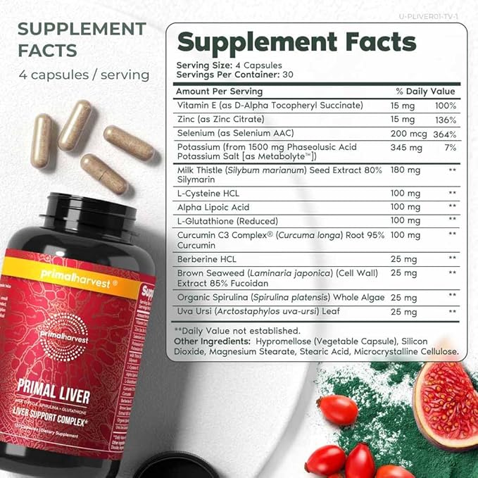 Primal Harvest Primal Liver Liver Supplement with, Alpha-Lipoic Acid, L-Cysteine HCL, L-Glutathione, Milk Thistle, and Spirulina, for Men and Women, 120 Capsules