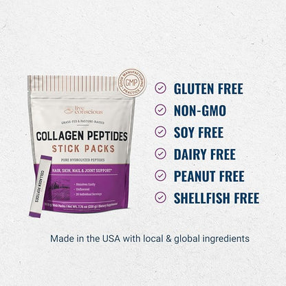 Live Conscious Collagen Peptides Powder Unflavored Packets-Hydrolyzed Collagen Powder-Hair, Skin, Nail, & Joint Support-Type I & III Grass-Fed Collagen Supplements for Women and Men - Pack of 20 (2Pk)
