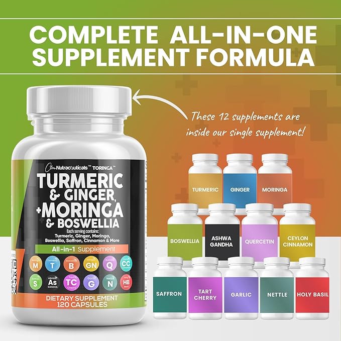 Turmeric Moringa Supplement | Ginger Boswellia Saffron - Supplement for Women and Men with Ceylon Cinnamon, Tart Cherry, Quercetin Garlic Nettle Holy Basil - 1Pack