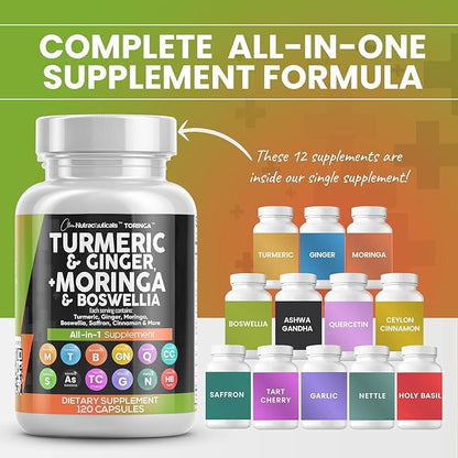 Turmeric Moringa Supplement | Ginger Boswellia Saffron - Supplement for Women and Men with Ceylon Cinnamon, Tart Cherry, Quercetin Garlic Nettle Holy Basil - 1Pack