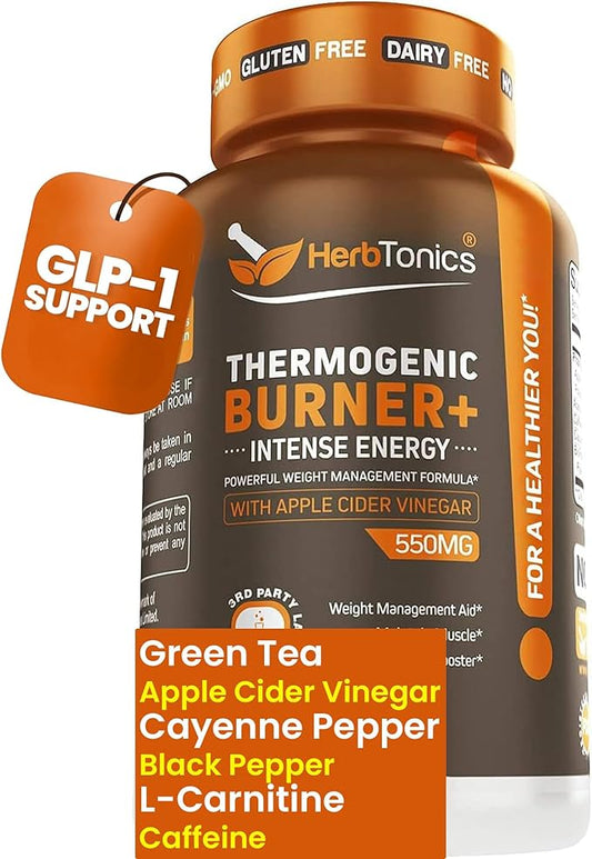 Herbtonics Thermogenic Supplement | Metabolic Health & GLP-1 Support for Men & Women | Clean Energy & Mental Focus | ACV, Green Tea Extract & Caffeine | 60 Veg Capsules