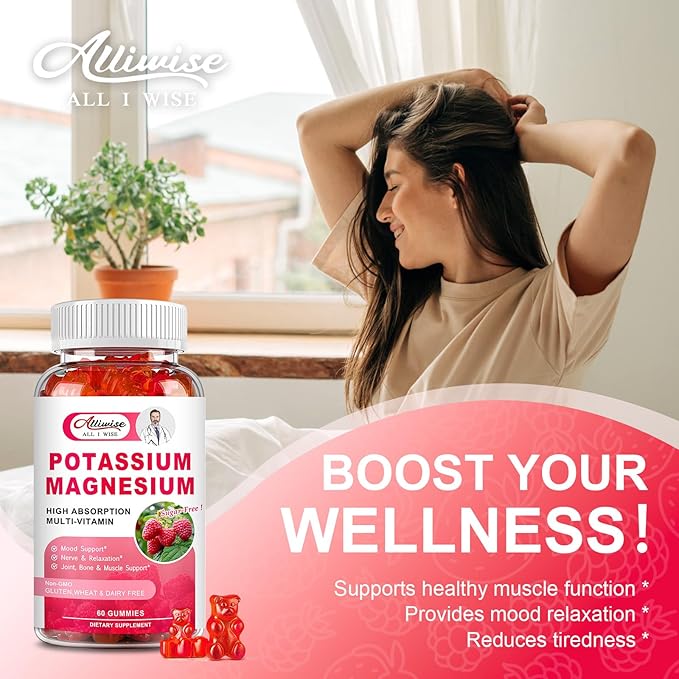 Potassium Magnesium Supplement Gummies with Potassium Citrate 200mg + Magnesium Glycinate 500mg for Bone & Muscle Relaxation,Mood & Energy Support.High Absorption Vitamin B6, D3, C.Raspberry Flavor
