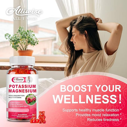Potassium Magnesium Supplement Gummies with Potassium Citrate 200mg + Magnesium Glycinate 500mg for Bone & Muscle Relaxation,Mood & Energy Support.High Absorption Vitamin B6, D3, C.Raspberry Flavor