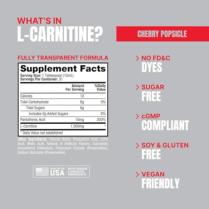 PROSUPPS L-Carnitine Stimulant Free Liquid Shots for Men & Women - Workout Drink for Performance & Muscle Recovery - Clean Energy, No Sugar, No Carbs (31 Servings, 1500 Cherry Popsicle)
