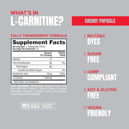 PROSUPPS L-Carnitine Stimulant Free Liquid Shots for Men & Women - Workout Drink for Performance & Muscle Recovery - Clean Energy, No Sugar, No Carbs (31 Servings, 1500 Cherry Popsicle)