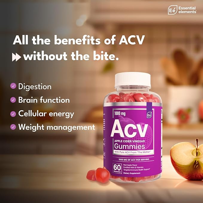 Essential Elements Apple Cider Vinegar Gummies from The Mother - Naturally-Sourced, Vegan ACV with Folic Acid and Vitamin B6 & B12 (2 Pack)