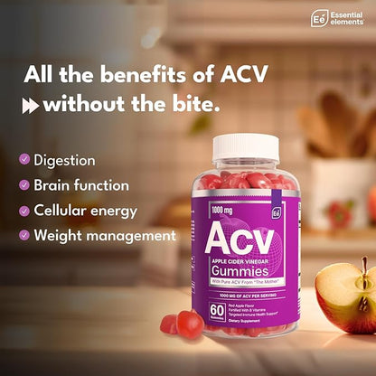 Essential Elements Apple Cider Vinegar Gummies from The Mother - Naturally-Sourced, Vegan ACV with Folic Acid and Vitamin B6 & B12 (2 Pack)