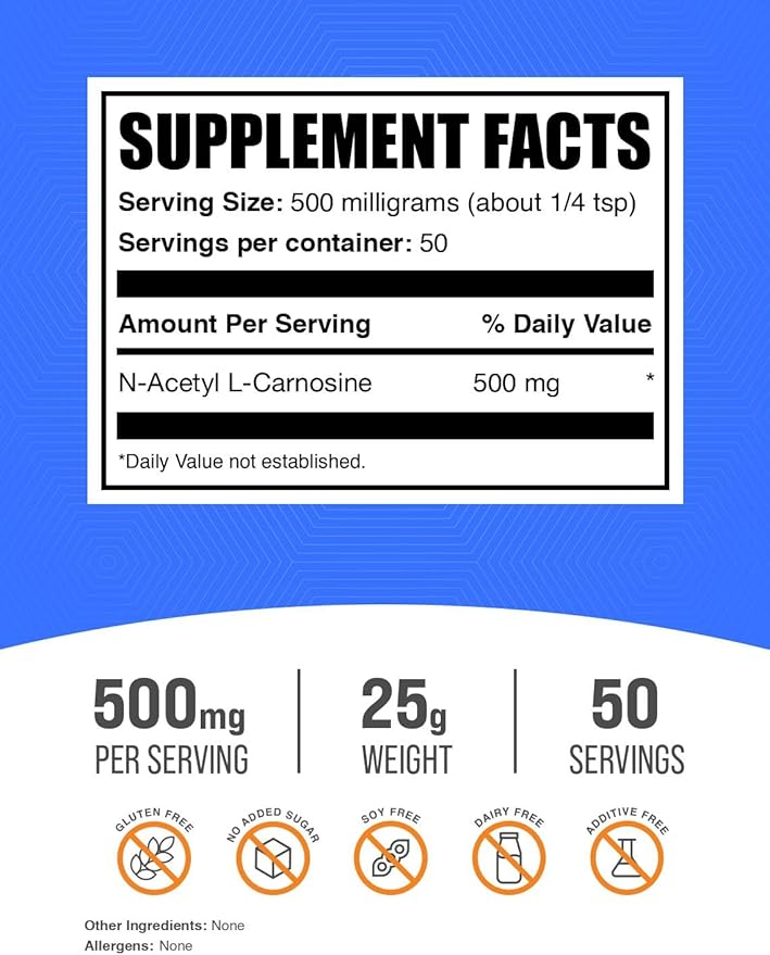 BulkSupplements.com N-Acetyl L-Carnosine Powder - Carnosine Supplement, N-Acetyl Carnosine 500mg - Gluten Free, 500mg per Serving, 25g (0.88 oz) (Pack of 1)