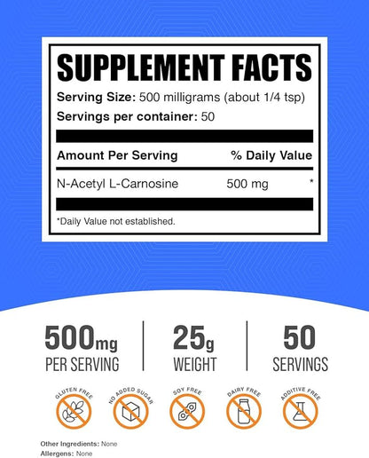 BulkSupplements.com N-Acetyl L-Carnosine Powder - Carnosine Supplement, N-Acetyl Carnosine 500mg - Gluten Free, 500mg per Serving, 25g (0.88 oz) (Pack of 1)