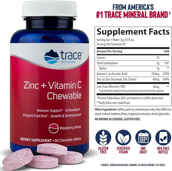 Trace Minerals Zinc Plus Vitamin C - Chewable Multivitamin for Enzyme Function & Healthy Growth Support - Vitamin & Mineral Supplement for Immune Health - Raspberry, 60 Chewable Wafers (60 Servings)