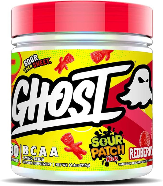 GHOST BCAA Powder Amino Acids Supplement, Sour Patch Kids Redberry - 30 Servings - Sugar-Free Intra, Post & Pre Workout Amino Powder & Recovery Drink, 7G BCAA