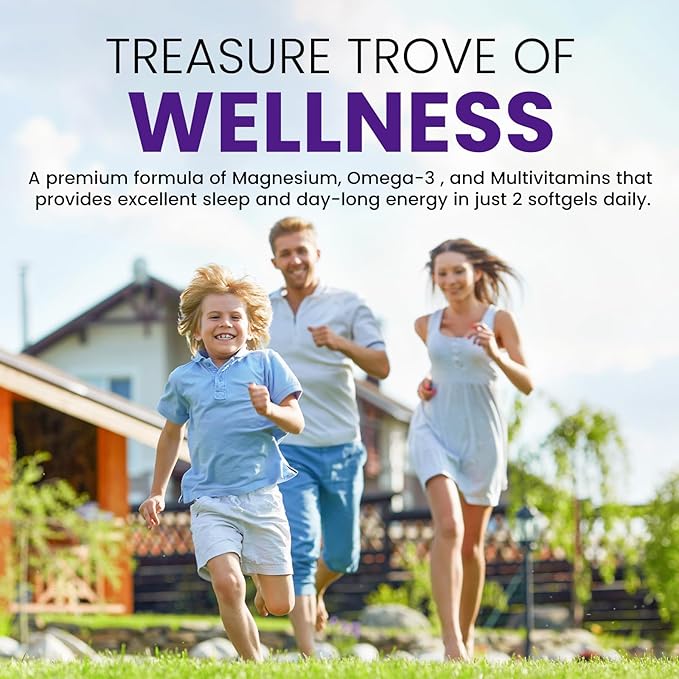 Magnesium Glycinate Softgels, with Vitamin B6, C, D3, Omega-3 | Highly Absorbable Magnesium Supplement for Calm, Muscle & Sleep Support | Easy to Swallow Soft Gels for Women & Men Vegan | 60 Count