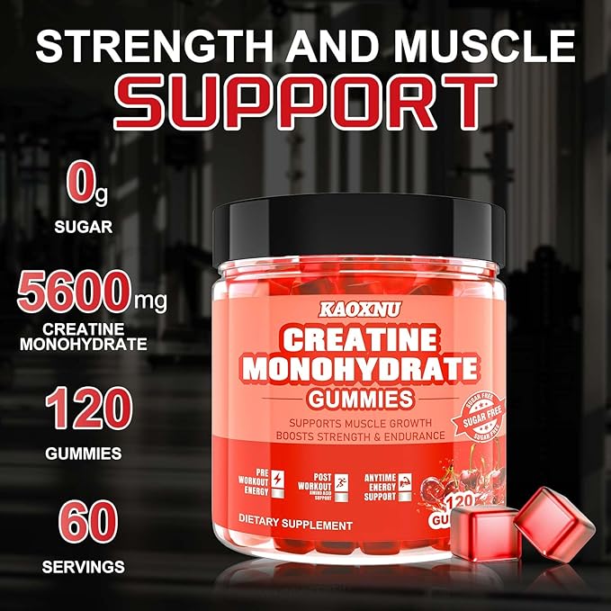 Creatine Monohydrate Gummies 5600mg for Men & Women, 120 CT Chewable Creatine Gummies for Muscle Support, Energy Boost, 5.6g of Creatine Monohydrate per Serving - Sugar Free, Vegan (Cherry Flavor)