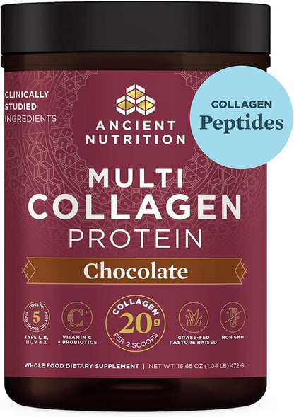 Ancient Nutrition Collagen Powder Protein, Multi Collagen Chocolate Protein Powder, 45 Servings, with Vitamin C, Hydrolyzed Collagen Peptides Supports Skin and Nails, Gut Health, 16.65oz