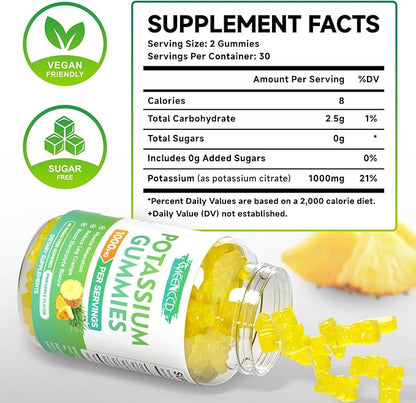 Potassium Citrate Gummies 1000mg, High Potency Potassium Supplement Gummies for Adults Women & Men, Potassium Gummies Support Leg Cramps & Muscle Health, Sugar-Free, Pineapple Flavor, 120 Count