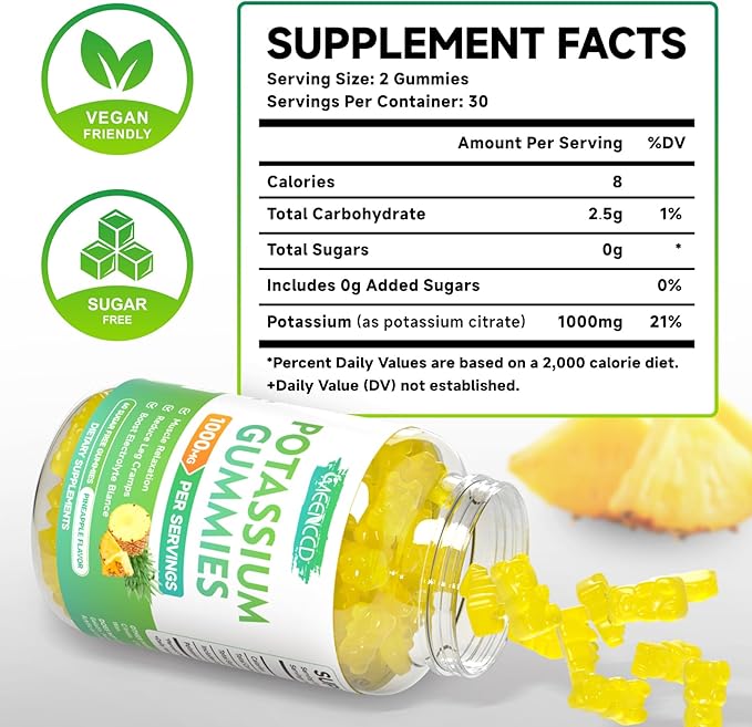 Potassium Citrate Gummies 1000mg, High Potency Potassium Supplement Gummies for Adults Women & Men, Potassium Gummies Support Leg Cramps & Muscle Health, Sugar-Free, Pineapple Flavor, 60 Count