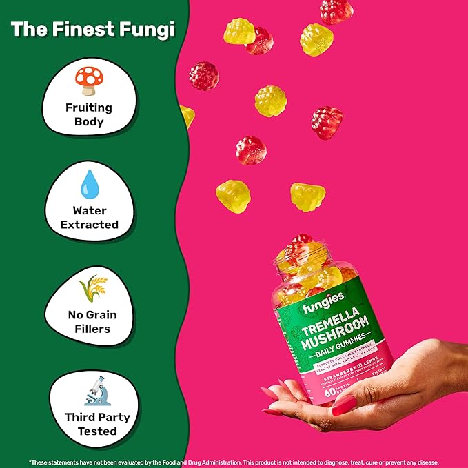 Fungies Tremella Mushroom Gummies, Mixed Strawberry & Lemon Flavor - Mushroom Herbal Supplement Gummy for Adults Supports Collagen Synthesis, Healthy Skin & Healthy Aging - Beauty Gummies 60 Servings
