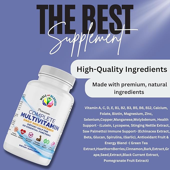 Complete Daily Multivitamins Supplement - 60 Capsules - Essential Vitamins & Minerals - Immune, Heart and Support - Suitable for Both Men and Women