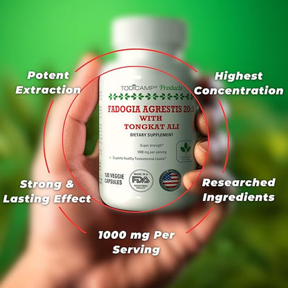 Fadogia Agrestis 20:1 with Tongkat Ali 1000mg Complex Longjack Tongkat Ali Extract with Fadogia Agrestis 600mg Supplement - 60 Days Supply