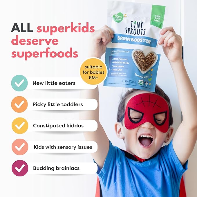 Organic Digestion Booster (Apple & Cinnamon) & Brain Booster - Milled Chia Seed, Milled Flaxseed and Hemp Hearts with Vitamin D, DHA, Probiotics for 6M+ Babies Toddlers & Kids (7oz x 2 Pack)