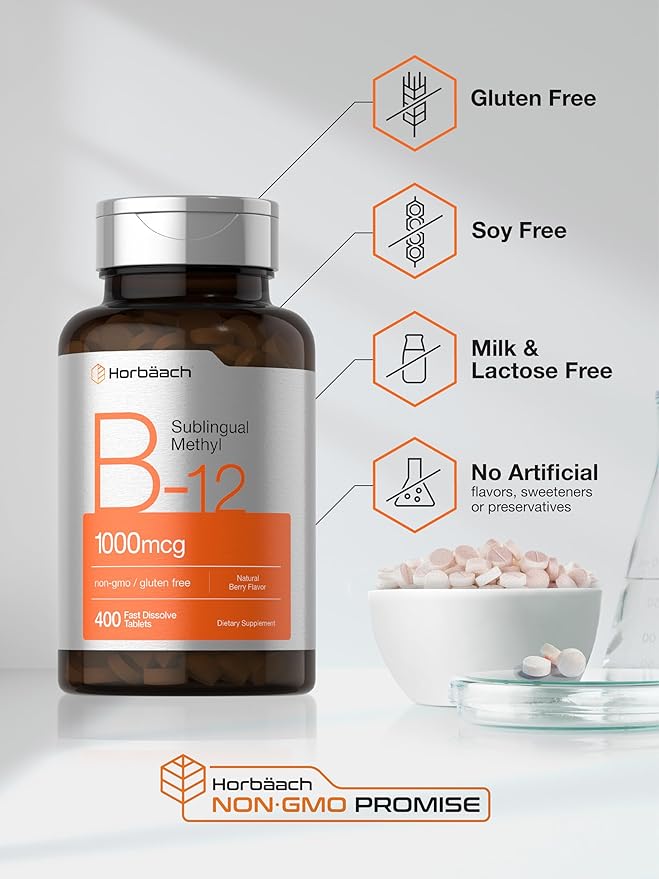 Horbaach Vitamin B12 Sublingual 1000 mcg | 400 Tablets | Methyl Supplement for Women and Men | Fast Dissolve Pills | Berry Flavor | Vegan, Non-GMO, and Gluten Free
