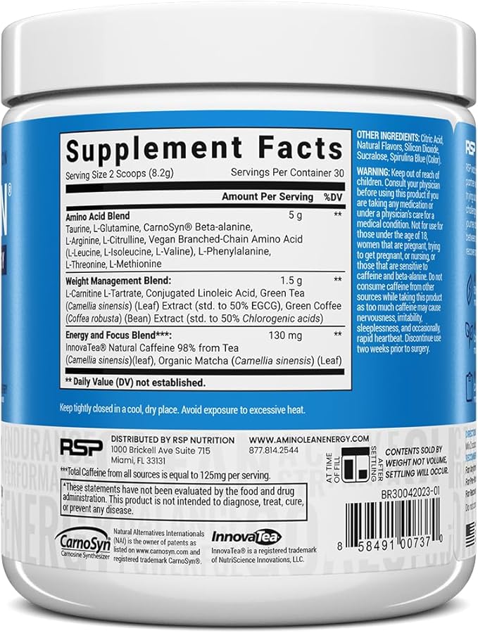 RSP NUTRITION AminoLean Pre Workout Powder, Amino Energy & Weight Management with Vegan BCAA Amino Acids, Natural Caffeine, Preworkout Boost for Men & Women, 30 Serv