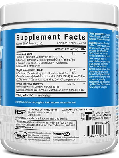 RSP NUTRITION AminoLean Pre Workout Powder, Amino Energy & Weight Management with Vegan BCAA Amino Acids, Natural Caffeine, Preworkout Boost for Men & Women, 30 Serv