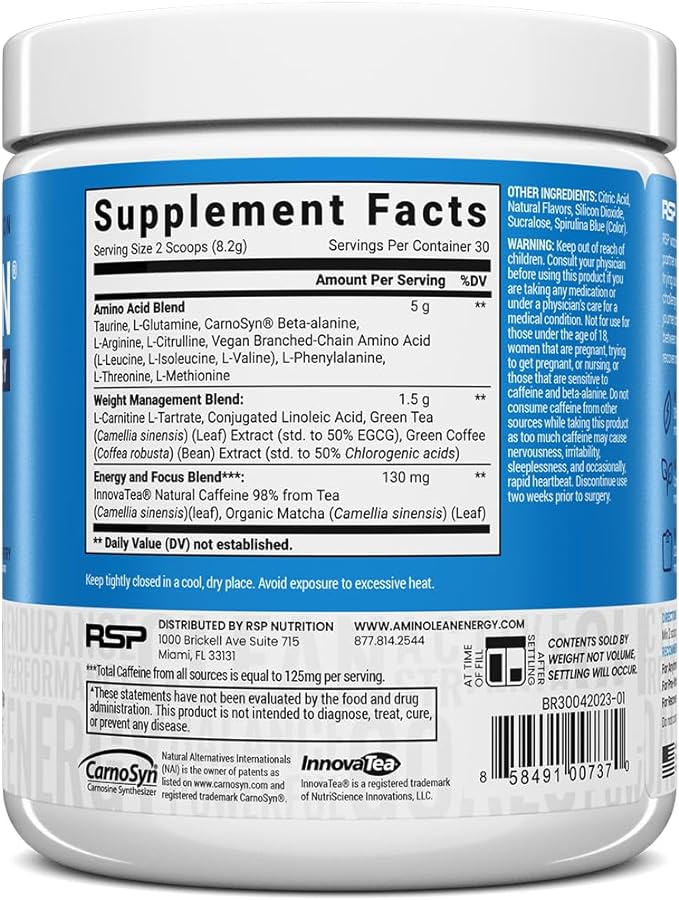RSP NUTRITION AminoLean Pre Workout Powder, Amino Energy & Weight Management with Vegan BCAA Amino Acids, Natural Caffeine, Preworkout Boost for Men & Women, 30 Serv