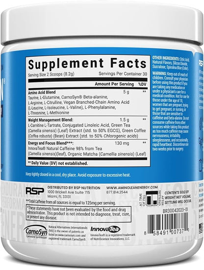RSP NUTRITION AminoLean Pre Workout Powder, Amino Energy & Weight Management with Vegan BCAA Amino Acids, Natural Caffeine, Preworkout Boost for Men & Women, 30 Serv