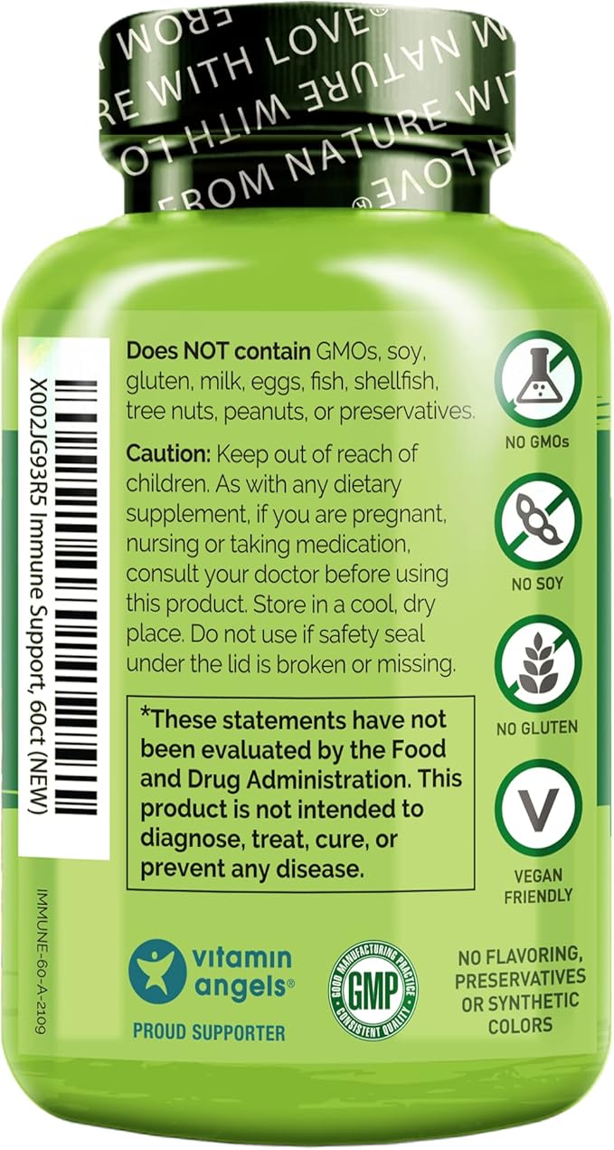 NATURELO Immune Support – Vitamin C, Elderberry, Zinc, Echinacea – Natural Immunity Boost w/Antioxidant, Herbal & Mineral Defense - 60 Vegan Capsules