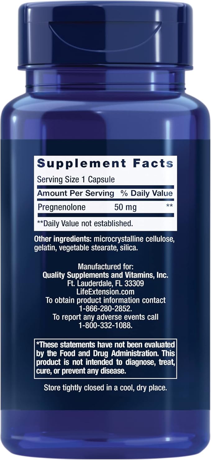 Life Extension Pregnenolone, neurohormone, Promotes Memory Health and Brain Plasticity, Gluten-Free, Non-GMO, 100 Capsules