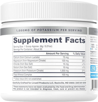 Hi-Lyte Keto K1000 Electrolyte Powder | Unflavored | Hydration Supplement Drink Mix | Boost Energy & Beat Leg Cramps | No Sugar, No Stevia, No Maltodextrin | 50 Servings