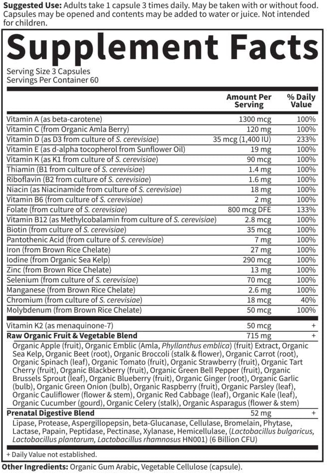 Prenatal Multivitamin for Women from Whole Foods with Biotin, Iron & Folate not Folic Acid, Probiotics for Immune Support - Vitamin Code Raw by Garden of Life - Pregnancy Must Haves - 180 capsules