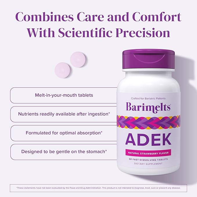 Barimelts ADEK - 60 Fast-Dissolving Tablets (2-Month Supply) - Sugar-Free Bariatric Vitamins for Women Including Vitamin A, Vitamin D, Vitamin E & Vitamin K, Natural Strawberry Flavor