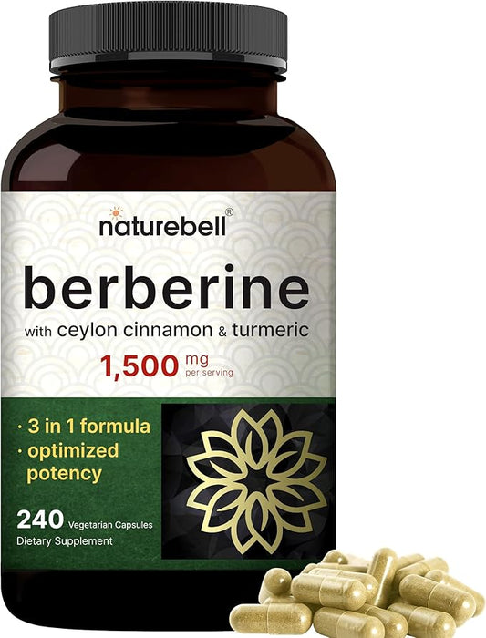 Berberine Supplement 1500mg, 240 Veggie Capsules | Plus 1000mg True Ceylon Cinnamon & 300mg Turmeric Root – 97% Berberine HCL – Plant-Based, Vegan, Non-GMO