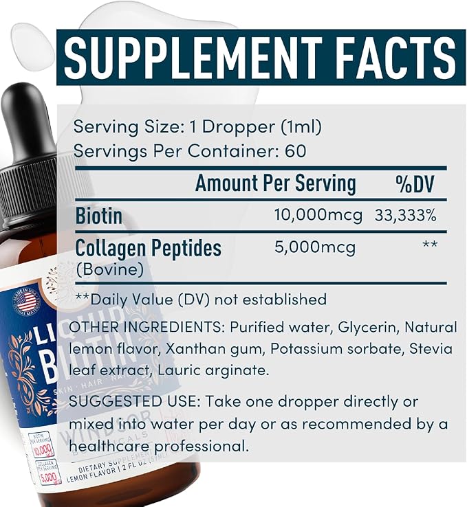 Liquid Biotin for Hair Growth Collagen - Biotin Liquid 10,000mcg Collagen 5,000mcg Extra Strength Liquid - Liquid Collagen and Biotin Drops for Hair Growth - Biotin and Collagen Drops for Women - 2oz