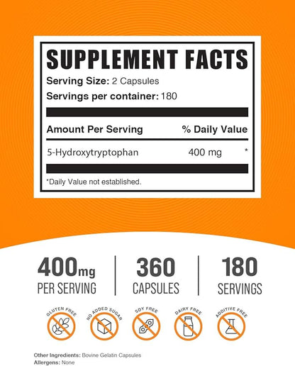 BulkSupplements.com 5-HTP Capsules - 5-Hydroxytryptophan, 5 HTP Supplement - 5-HTP 400mg, for Overall Well-Being - Gluten Free, 2 Capsules per Serving, 360 Capsules (Pack of 1)