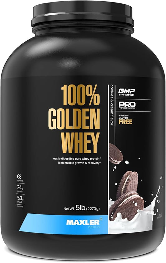 Maxler 100% Golden Whey Protein - 24g of Premium Whey Protein Powder per Serving - Pre, Post & Intra Workout - Fast-Absorbing Whey Hydrolysate, Isolate & Concentrate Blend - Cookies & Cream 5 lbs