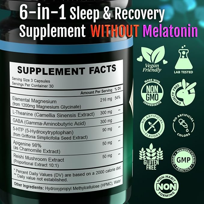 Natural Sleep Aid Supplement for Adults Without Melatonin - Non-Habit Forming Herbal Sleep - GABA, L-Theanine, Reishi Mushroom, Apigenin, Magnesium Glycinate, 5-HTP - 90 Vegan Capsules