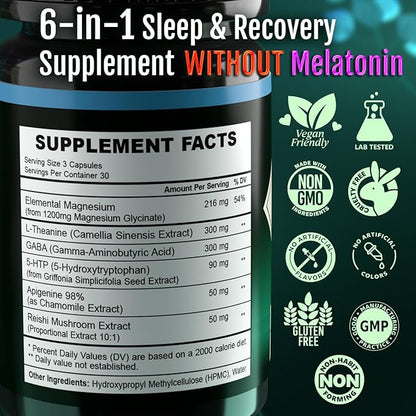 Natural Sleep Aid Supplement for Adults Without Melatonin - Non-Habit Forming Herbal Sleep - GABA, L-Theanine, Reishi Mushroom, Apigenin, Magnesium Glycinate, 5-HTP - 90 Vegan Capsules