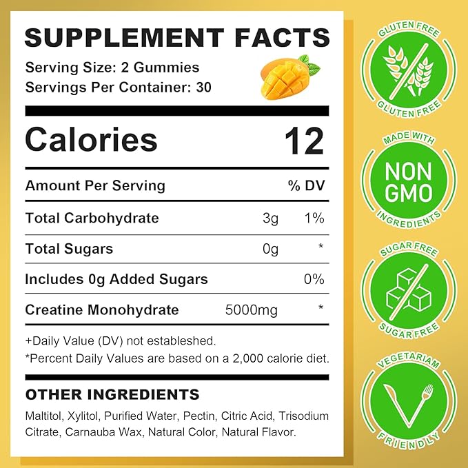 Creatine Monohydrate Gummies for Men & Women, Chewables Creatine Monohydrate for Muscle Strength, Muscle Builder, Energy Boost, Sugar Free, Vegan, Mango Flavor-120 Count