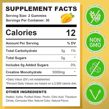 Creatine Monohydrate Gummies for Men & Women, Chewables Creatine Monohydrate for Muscle Strength, Muscle Builder, Energy Boost, Sugar Free, Vegan, Mango Flavor-60 Count