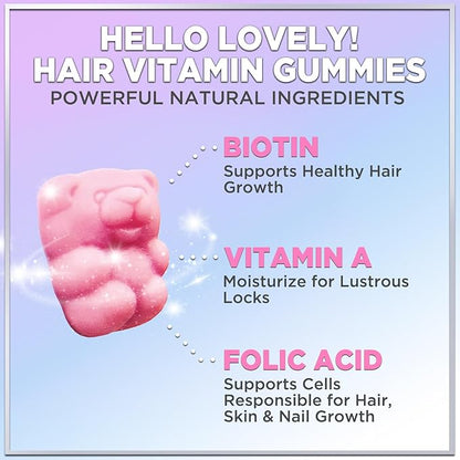 Hello Lovely! Hair Vitamins Gummy with Biotin 5000 mcg Vitamin E & C Support Hair Growth, Premium Vegetarian Non-GMO, for Stronger Beautiful Hair, Skin & Nails Supplement - 120 Bear Gummies
