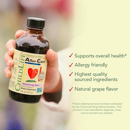 CHILDLIFE ESSENTIALS Aller-Care - Natural Relief for Kids & Toddlers, Seasonal Support with Elderberry, Bromelain, Vitamin C - Immune Boosting Formula, Grape 4 Fl Oz