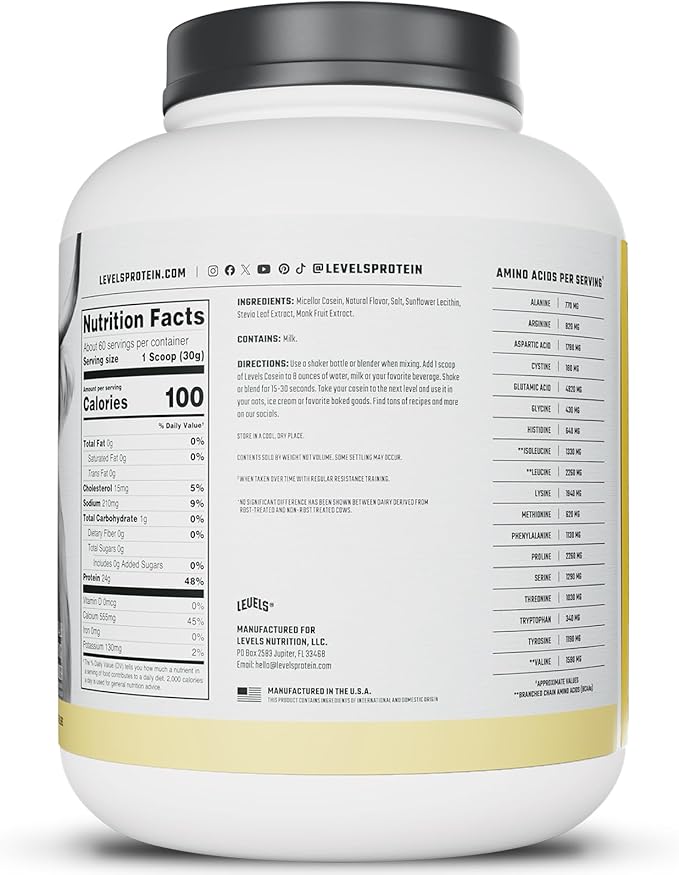 Levels 100% Micellar Casein Protein, Hormone Free, Vanilla Bean, 4LB