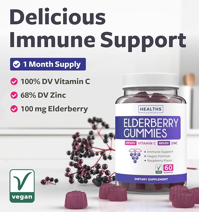 Elderberry Gummies for Adults with Vitamin C & Zinc (1 Months Supply) 60 Delicious Raspberry Flavor Gummy - Immune Support Supplement for Adults - Vegetarian Sambucus Elderberry Gummies (No Pills)