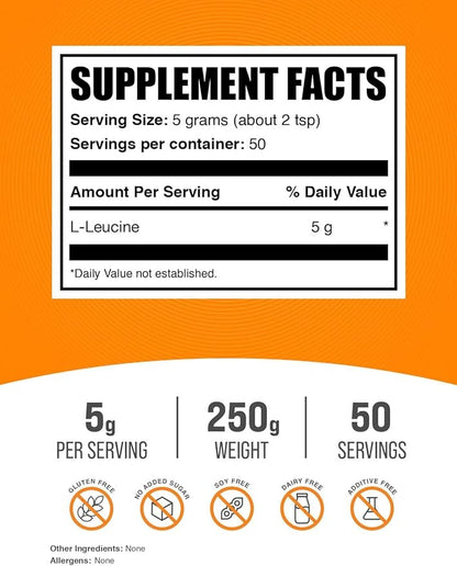 BulkSupplements.com L-Leucine Powder - Leucine Supplements, Leucine Amino Acid - BCAA Supplements, Leucine Powder - Unflavored, 5000mg per Serving, 250g (8.8 oz) (Pack of 1)